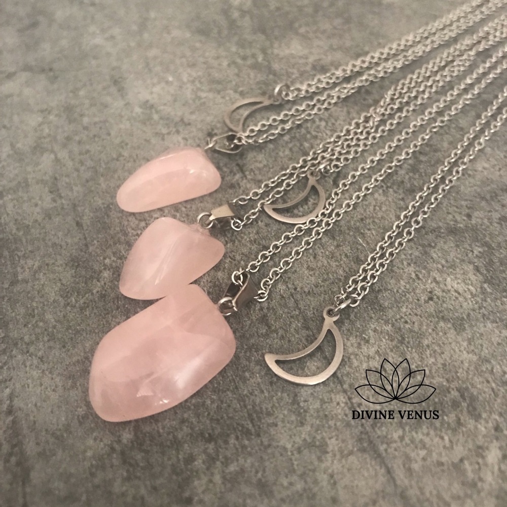 Rose Quartz Moon Layered Stainless Steel Necklace
